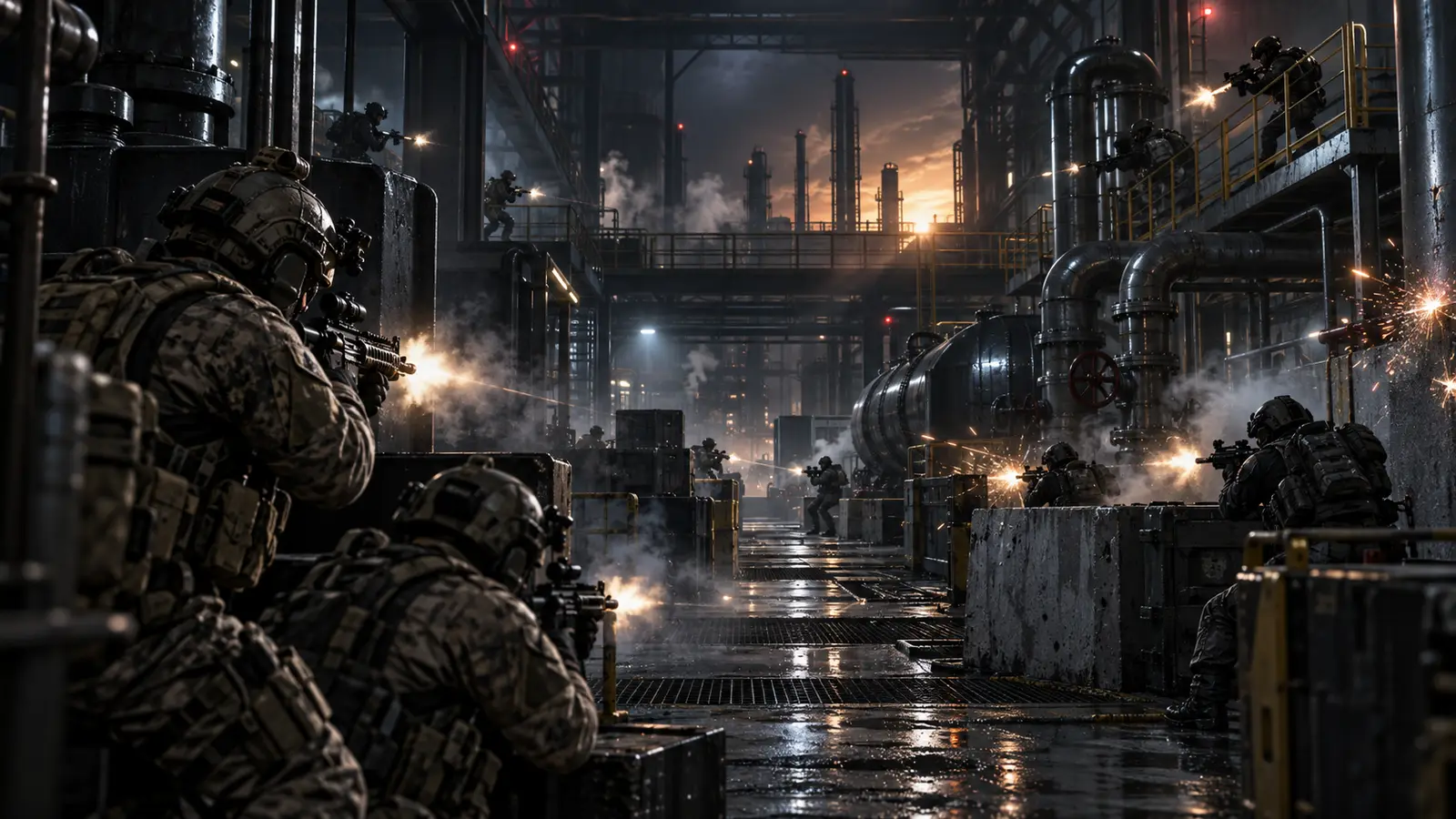 Two squads advancing through a compact industrial arena