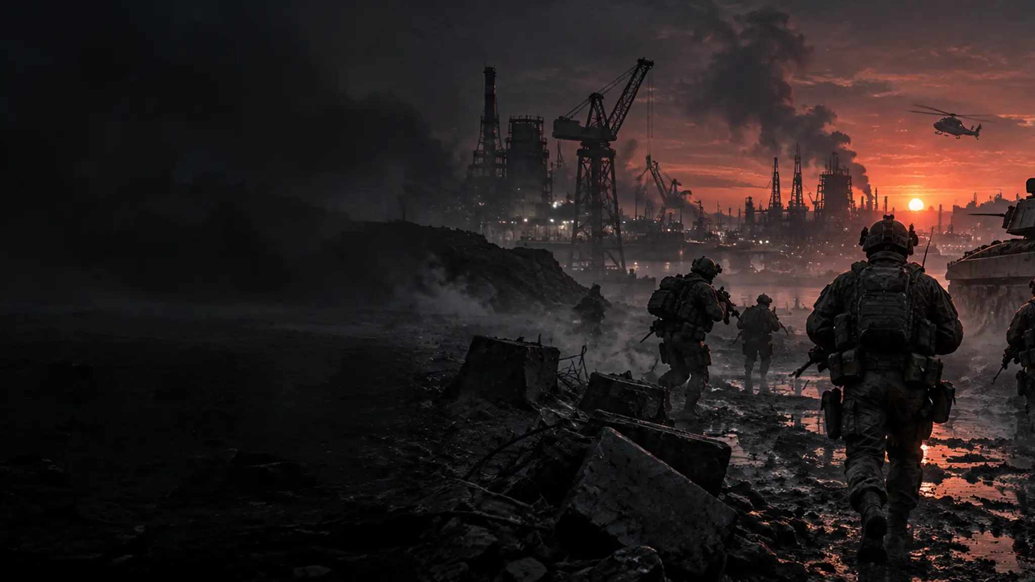 Infantry and an armored vehicle advancing through an industrial battlefield at dawn